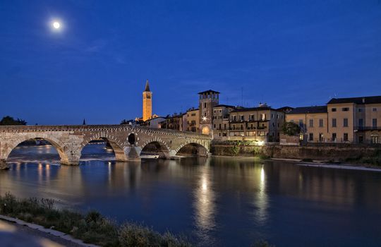 nigh view of Verona, Italy, with the moon