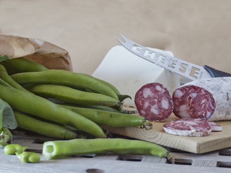 italian food, fave e salame, broad beans with salami and sheep cheese