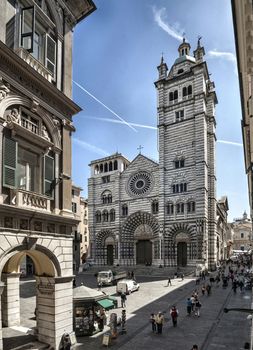 St Lorentz cathedral in Genoa, italy and view of the city