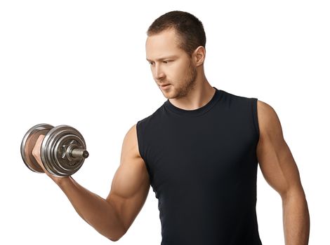 Muscular bodybuilder guy doing exercises with dumbbells on white isolated background