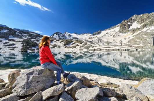 Lago del Monticello with Presena glacier on background, Tonale pass, Italy