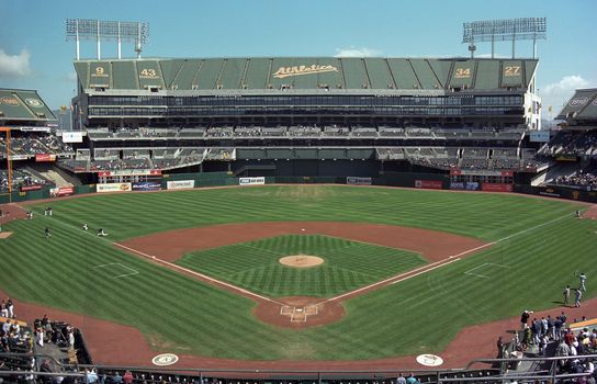 The Oakland O.co 
Coliseum, home of the Athletics, before a day baseball game.