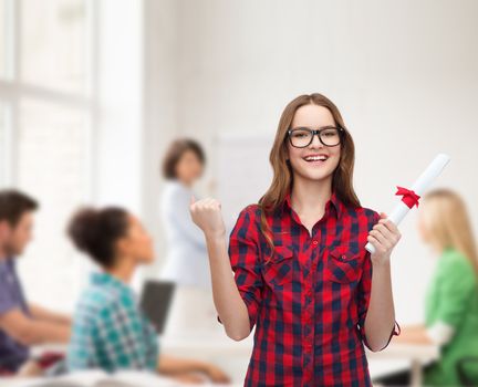 university and education concept - smiling female student in eyeglasses with diploma