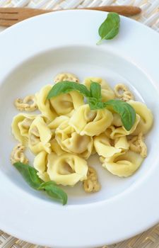 Delicious Meat Cappelletti with Mustard Sauce and Basil in White Plate closeup on Wicker background