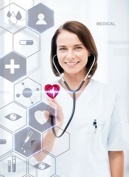 healthcare, medical and future technology concept - female doctor with stethoscope and virtual screen