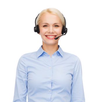 business and office concept - friendly female helpline operator with headphones