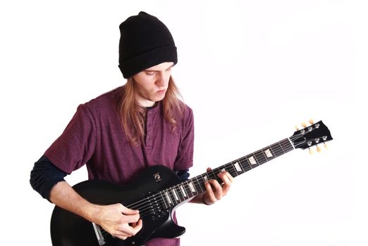Rock musician. Guitarist play solo on his black guitar.