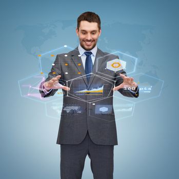 business, technology, communication concept - smiling businessman working with virtual screen