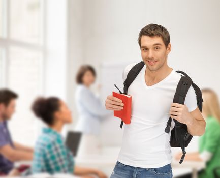 travel, vacation and education concept - travelling student with backpack and book