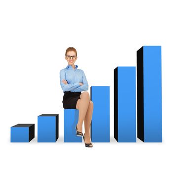 business and office concept - smiling businesswoman in eyeglasses sitting on a growing chart