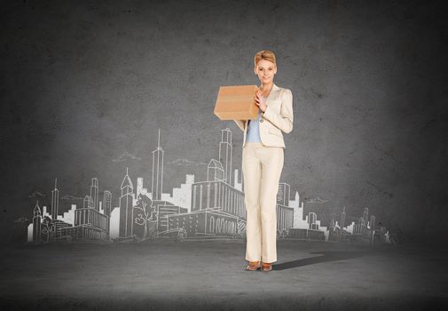 business, post office and transportation concept - attractive businesswoman delivering cardboard box