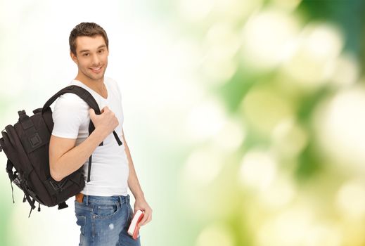 travel, vacation and education concept - travelling student with backpack and book