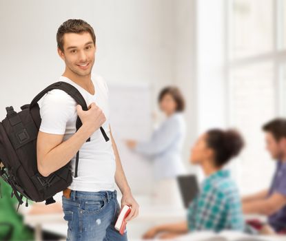 travel, vacation and education concept - travelling student with backpack and book