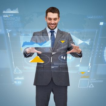 business, technology, communication concept - smiling businessman working with virtual screen