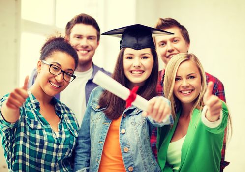 education - happy girl in graduation cap with certificate and students