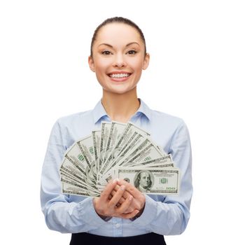 business and money concept - young businesswoman with dollar cash money