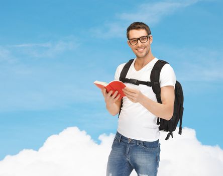 travel, vacation and education concept - travelling student with backpack and book