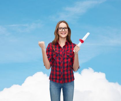 university and education concept - smiling female student in eyeglasses with diploma