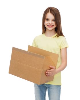 post office, transportation and people concept - smiling little girl with opened cardboard box