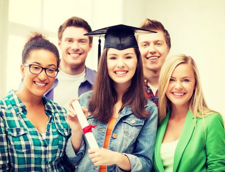 education and competition concept - girl in graduation cap with certificate and students