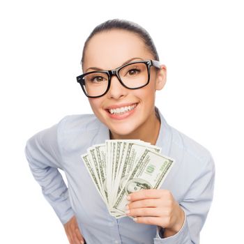 business, money and banking concept - smiling businesswoman in eyeglasses with dollar cash money