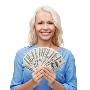 money, finances and people concept - smiling girl with dollar cash money