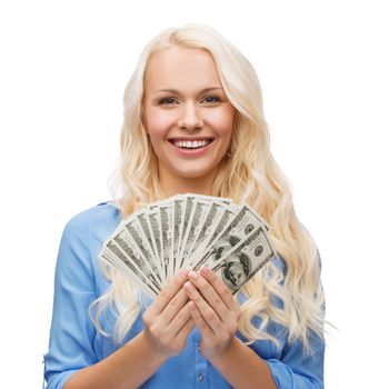 money, finances and people concept - smiling girl with dollar cash money