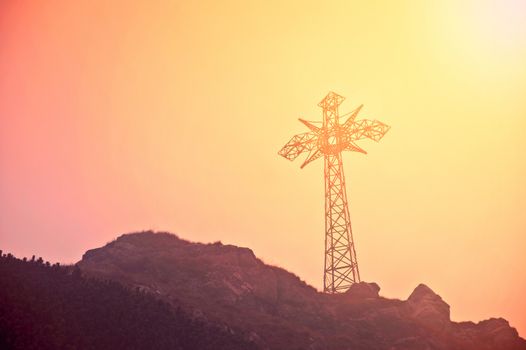 Big cross on the top of Giewont in Tatra Mountains. Poland. Religion.