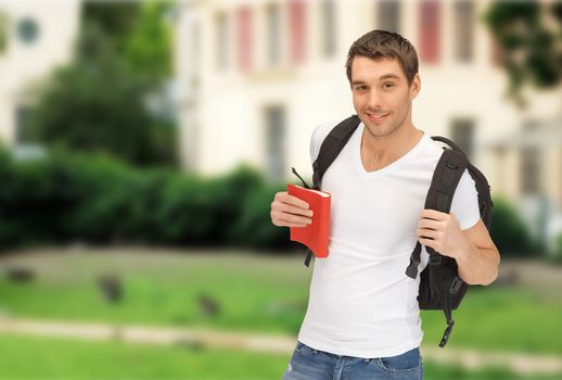 travel, vacation and education concept - travelling student with backpack and book