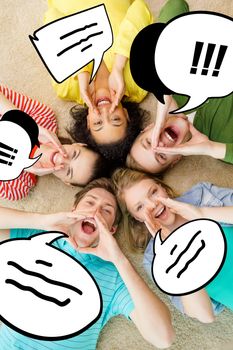 friendship, lifestyle and happiness concept - group of young smiling people lying on floor in circle screaming and shouting