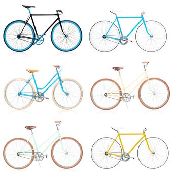 Collection of stylish colorful hipsters bicycle isolated on white background