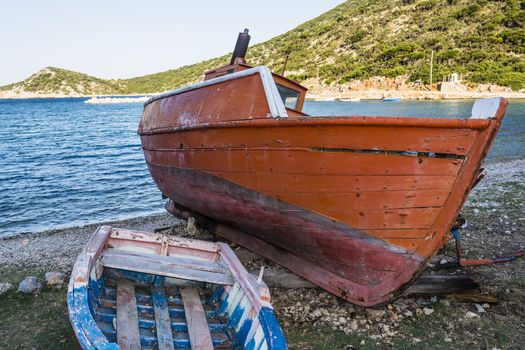 Abandoned fishing trawler on beach at Alonissos, Greece