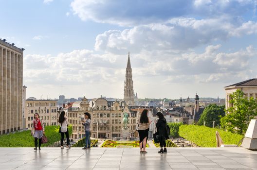 Brussels, Belgium - May 12, 2015: Tourist visit Kunstberg or Mont des Arts (Mount of the arts) gardens in Brussels, Belgium. The Mont des Arts offers one of Brussels' finest views.