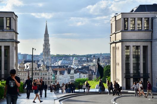 Brussels, Belgium - May 13, 2015: Tourist visit Kunstberg or Mont des Arts (Mount of the arts) gardens in Brussels, Belgium. The Mont des Arts offers one of Brussels' finest views.