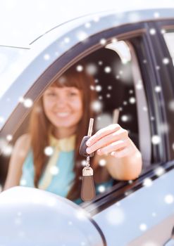 transportation, people, season and ownership concept - close up of smiling woman with car key outdoors