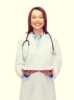 healthcare, technology and medicine concept - smiling female doctor with stethoscope and tablet pc computer