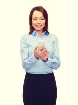 business, technology, internet and education concept - friendly young smiling businesswoman with smartphone