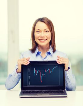 advertisement, business and technology concept - smiling businesswoman with blank black laptop screen