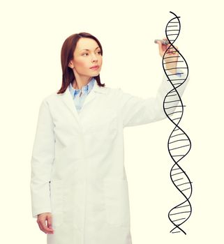 healthcare, medical and technology concept - young female doctor writing dna molecule in the air