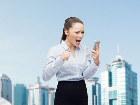 business, technology and education concept - screaming businesswoman with smartphone outside