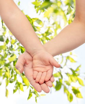 people, charity, family, children and advertisement concept - close up of woman and little child hands holding empty palms over green tree leavers background