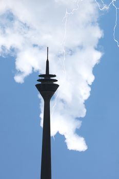 Dusseldorf media port TV Tower / Rhine Tower dramatic sky.