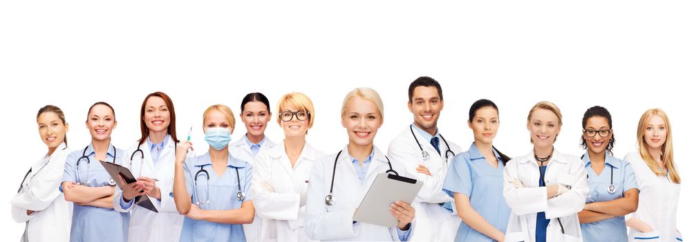 healthcare, technology and medicine concept - smiling female and male doctors and nurses with tablet pc computer