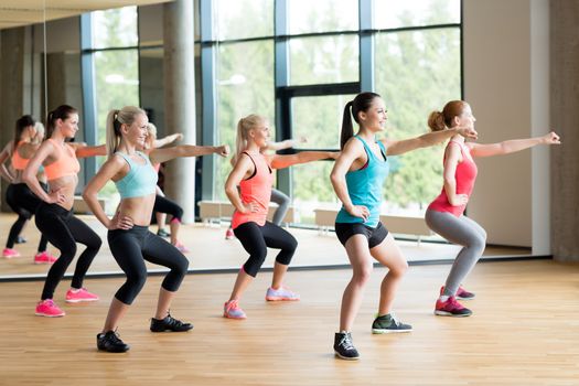 fitness, sport, training, gym and lifestyle concept - group of women working out in gym