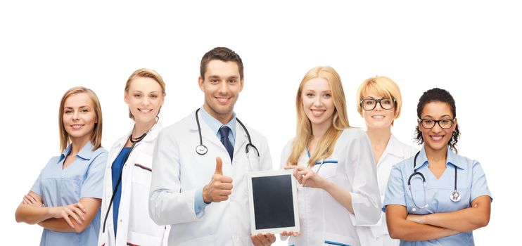 medicine, technology and healthcare concept - team or group of doctors and nurses with tablet pc computer blank screen showing thumbs up