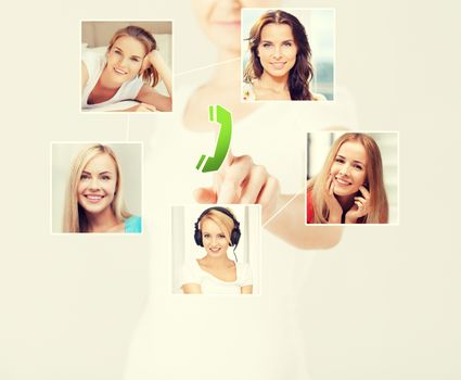 technology and communication - woman pressing button on virtual screen with contact icons