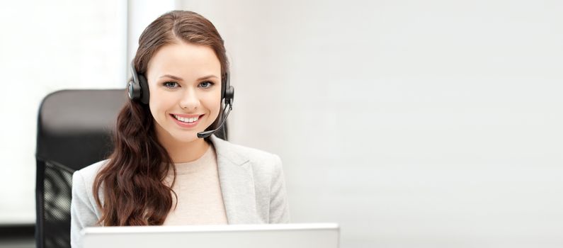 office and technology concept - picture of helpline operator with laptop computer