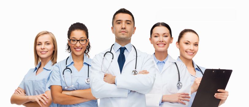 healthcare, profession, people and medicine concept - group of medics with stethoscopes