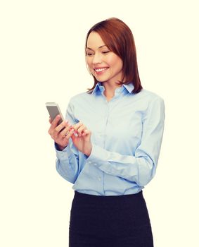 business, technology, internet and education concept - friendly young smiling businesswoman with smartphone