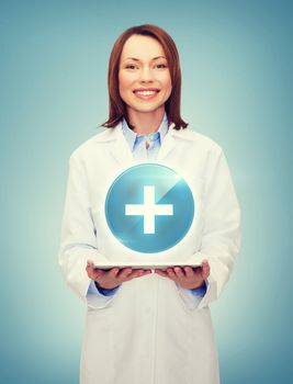 healthcare, technology and medicine concept - smiling female doctor and tablet pc computer